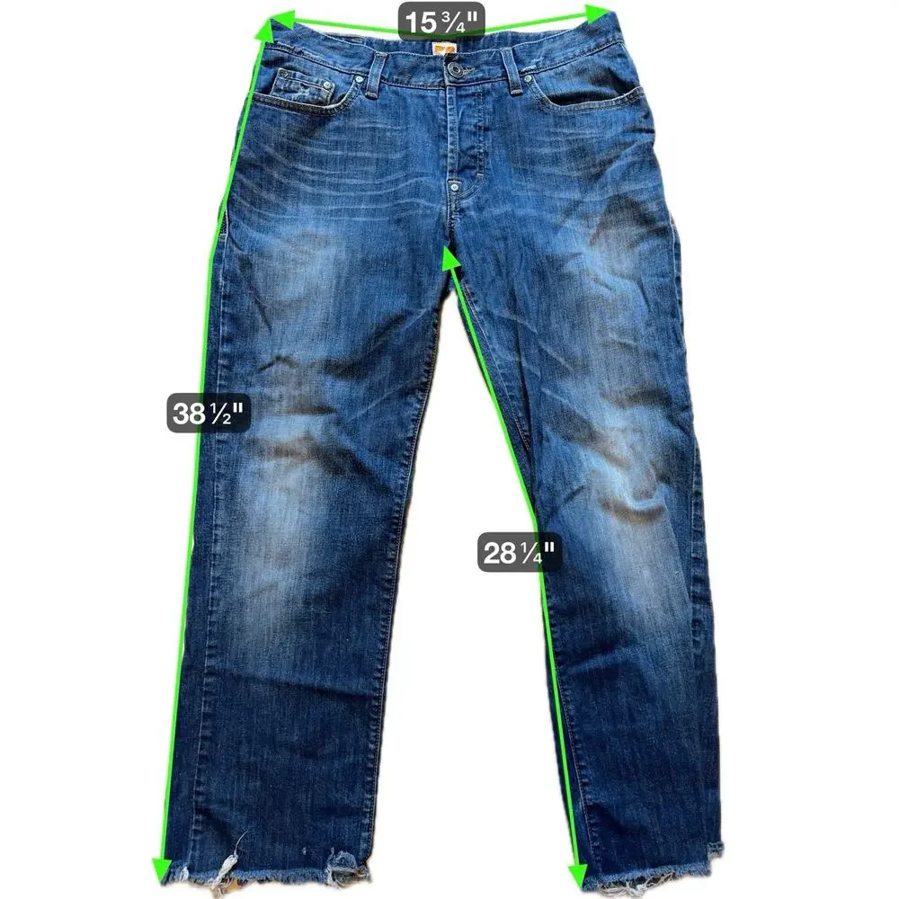 Boss Orange Men Jeans 34x34 Button Fly Distressed Raw Hem Straight Fit Y2K Denim